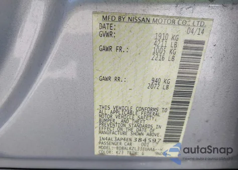 2014 Nissan Altima 2.5 S из США, поврежденный, VIN 1N4AL3AP4EN384597